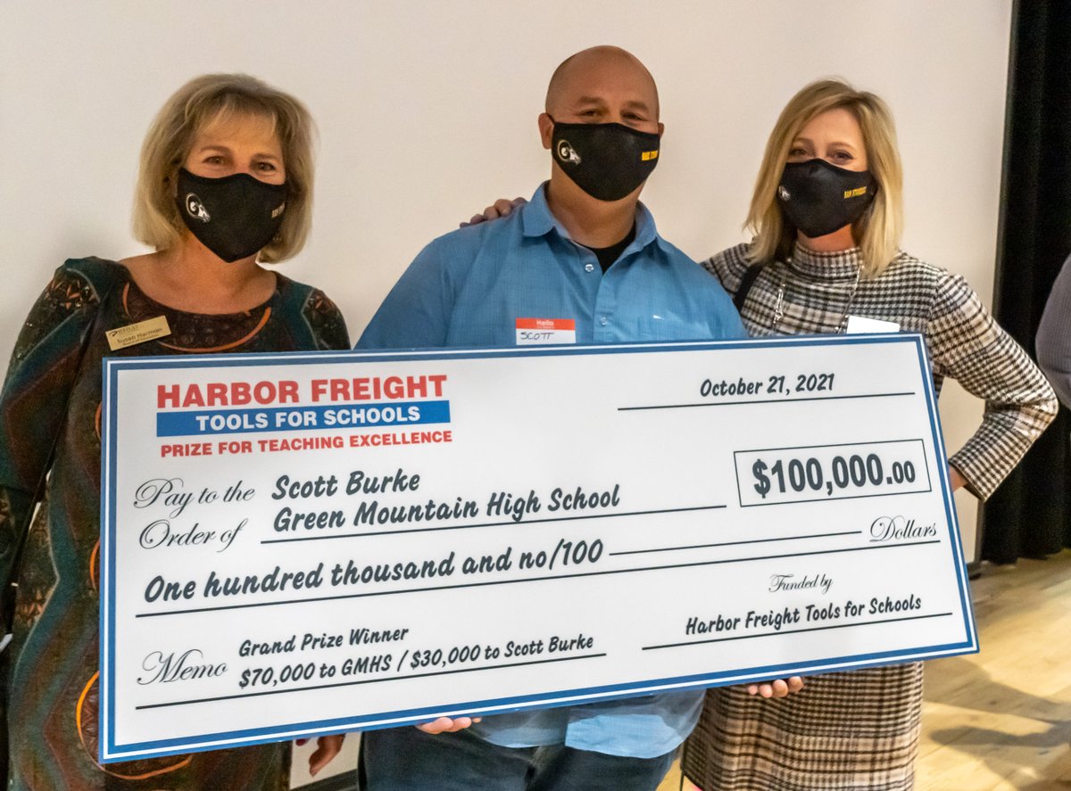 JeffcoSchoolsCo's tweet photo. Scott Burke, construction teacher at Green Mountain HS, was 1 of 3 Grand Prize winners of the 2021 Harbor Freight Tools for Schools Prize for Teaching Excellence. Green Mtn’s high school skilled trades program will receive $70,000, and Burke will receive $30,000.
🎊🎊 @GMHSRams https://t.co/BphDSIn6Va