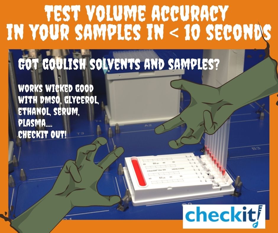 Spooktastic fast, accurate, easy way to test your robot's accuracy with whatever liquid you're dispensing - even scary stuff like serum, glycerol and ethanol. Grab your Halloween lab bag and treat yourself to free Checkit Go samples - call 1-518-674-3510  #pipette #pipetting
