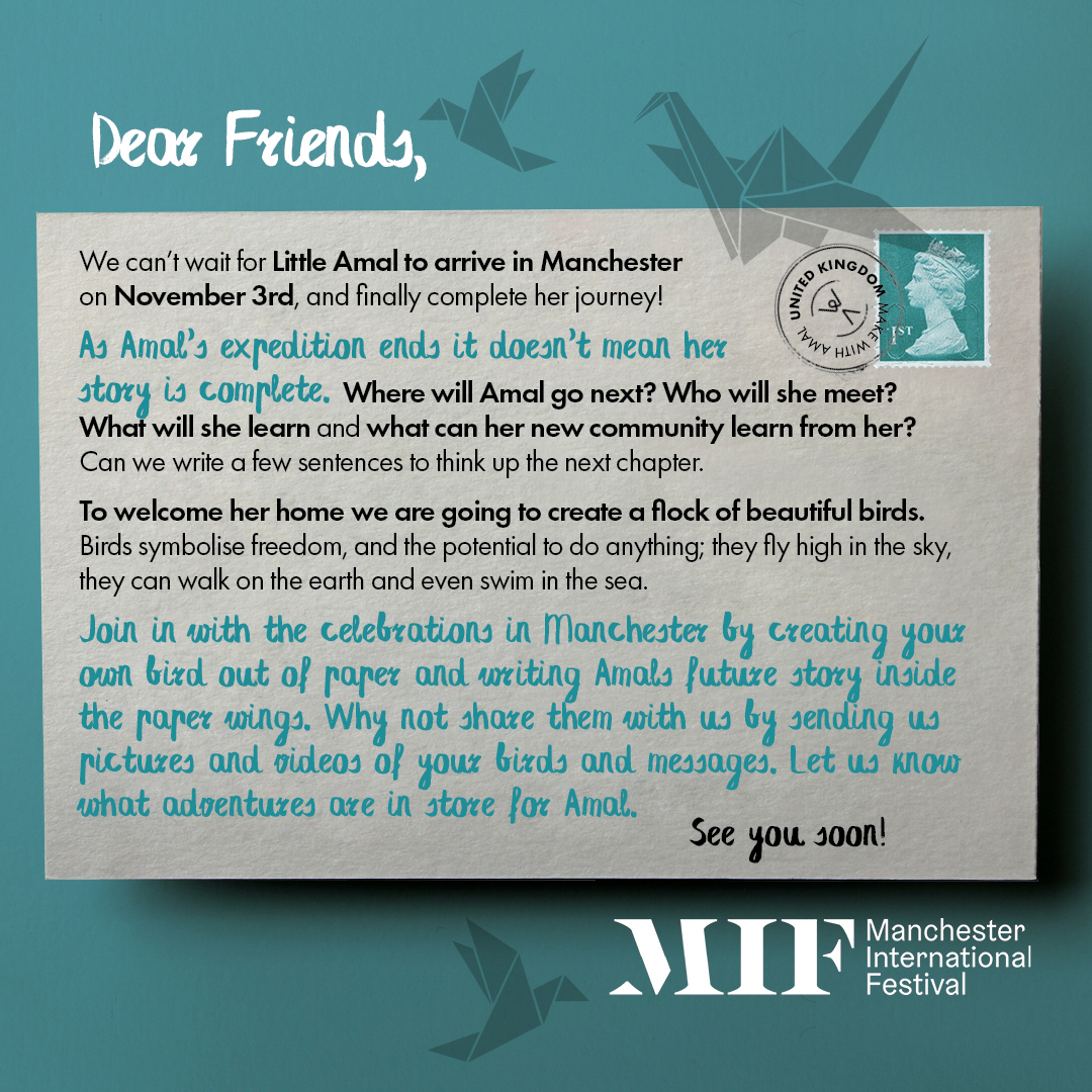 factoryintl's tweet photo. If you’re looking for things to do with the kids this half term, then why not take part in #MakewithAmal? To welcome her home, we are creating a flock of birds to symbolise freedom and Little Amal’s potential to do anything. Share your creations online using #actsofwelcome! https://t.co/dqM7AqV9xC