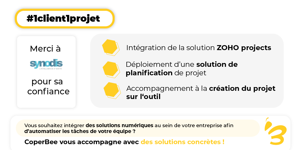 #1client1projet On n'arrête plus les projets chez CoperBee ! Cette fois, on a accompagné Synodis dans sa transformation digitale. 

👉Concrètement, l'équipe de CoperBee a accompagné Synodis dans le deploiement déployer une solution de planification via <a href="/Zoho/">Zoho</a> Projects