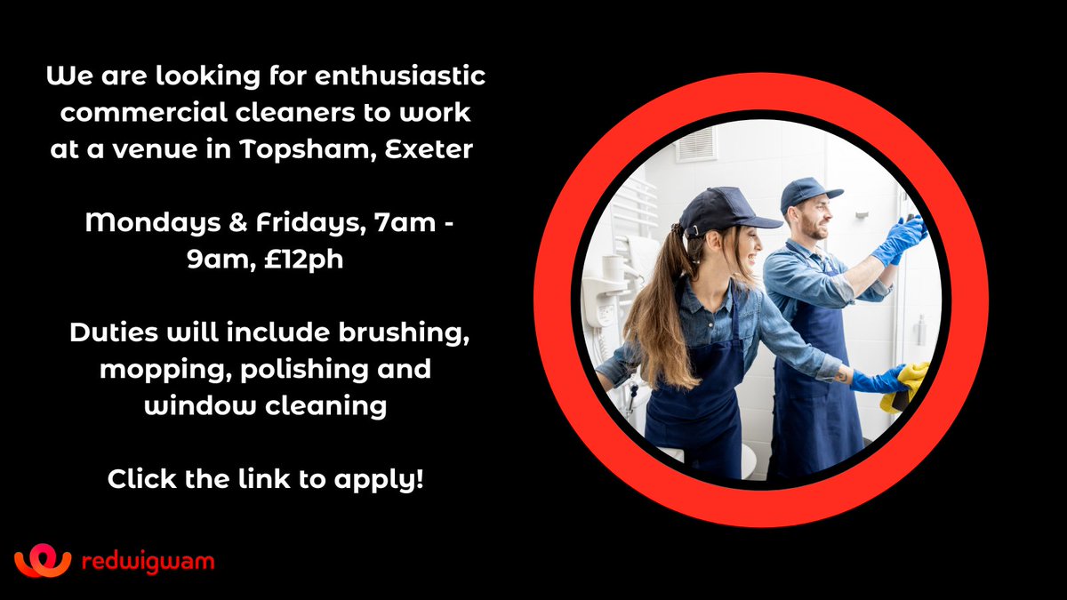 redwigwam's tweet photo. #commericalcleaners wanted in #Topsham #Exeter, interested? Click here to apply: https://t.co/kNfD1xWXbE
#cleaningroles #cleaningjobs #JobsinExeter #ExeterJobs #redwigwam https://t.co/vegFRN5lDM