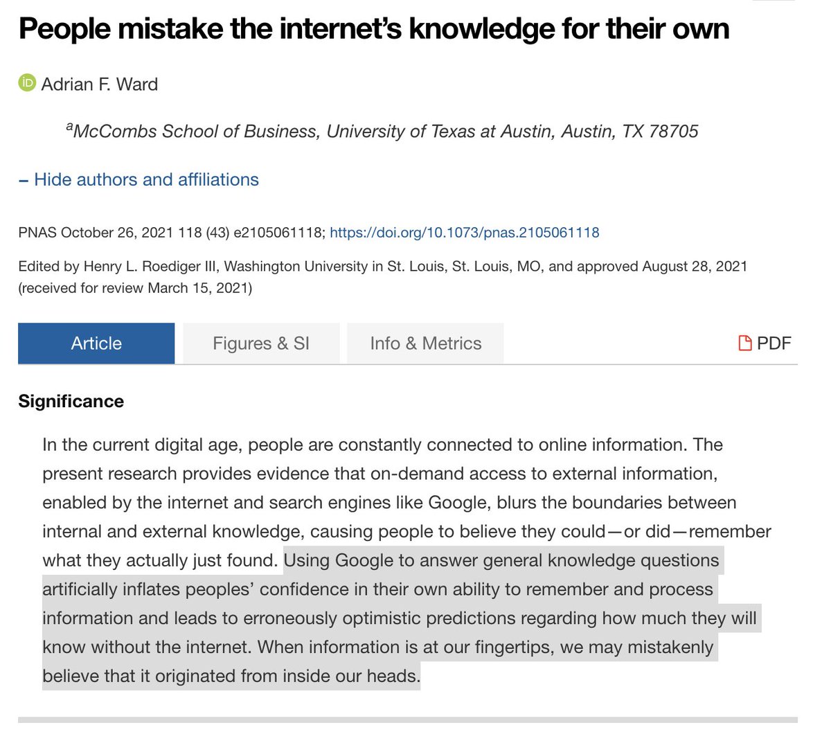 TLDR the interwebs are making us so dumb that we can't remember how dumb we really are: pnas.org/content/118/43…