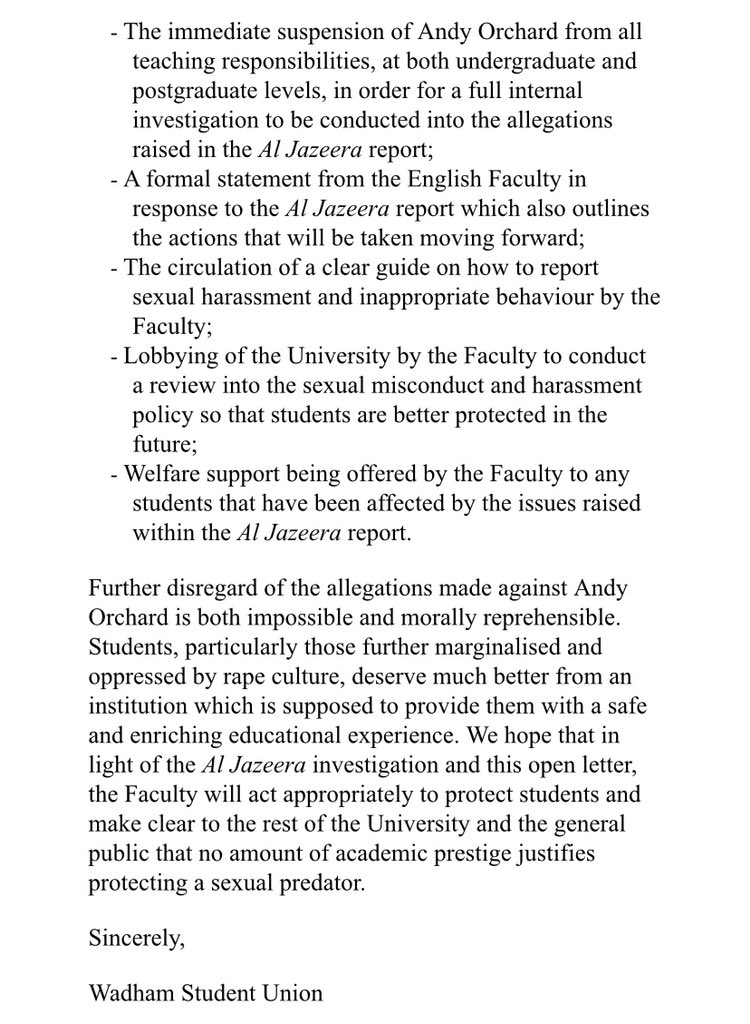tw// sexual misconduct, sexual assault, rape culture

An open letter from Wadham SU in regards to the recent Al Jazeera report on Pembroke Fellow and English Tutor, Andy Orchard