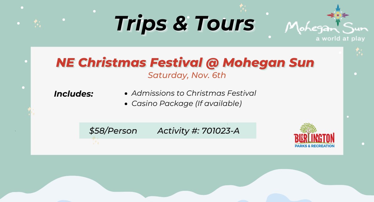 Burlington Parks & Recreation (@burlington_rec) on Twitter photo Don't miss out on this next trip! This time we will be traveling to the fun-filled <a href="/NEXmasFest/">NEChristmasFest</a> at <a href="/MoheganSun/">Mohegan Sun āļø</a>!
To sign up please visit bit.ly/NEChristmasFesā¦
#BurlingtonFUN Don't miss out on this next trip! This time we will be traveling to the fun-filled <a href="/NEXmasFest/">NEChristmasFest</a> at <a href="/MoheganSun/">Mohegan Sun āļø</a>!
To sign up please visit bit.ly/NEChristmasFesā¦
#BurlingtonFUN