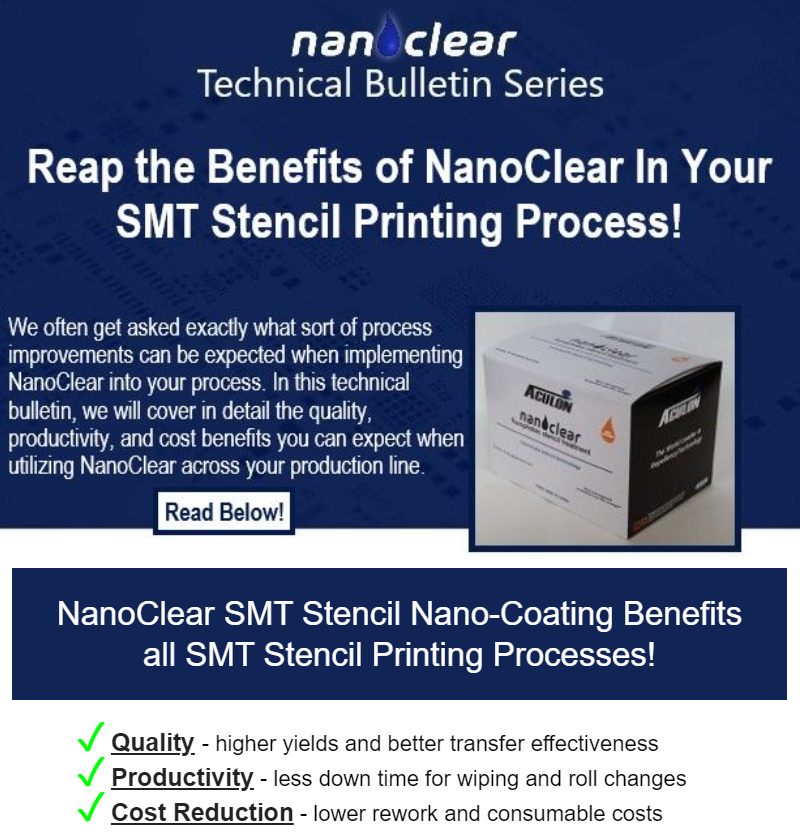 AculonInc's tweet photo. NanoClear #SMTstencil treatment significantly improves #stencilprinting quality, increases process #productivity, and results in significant cost reduction!

Read the technical bulletin below for more info:
https://t.co/T5MvjQuylv https://t.co/3n5eywlpWO