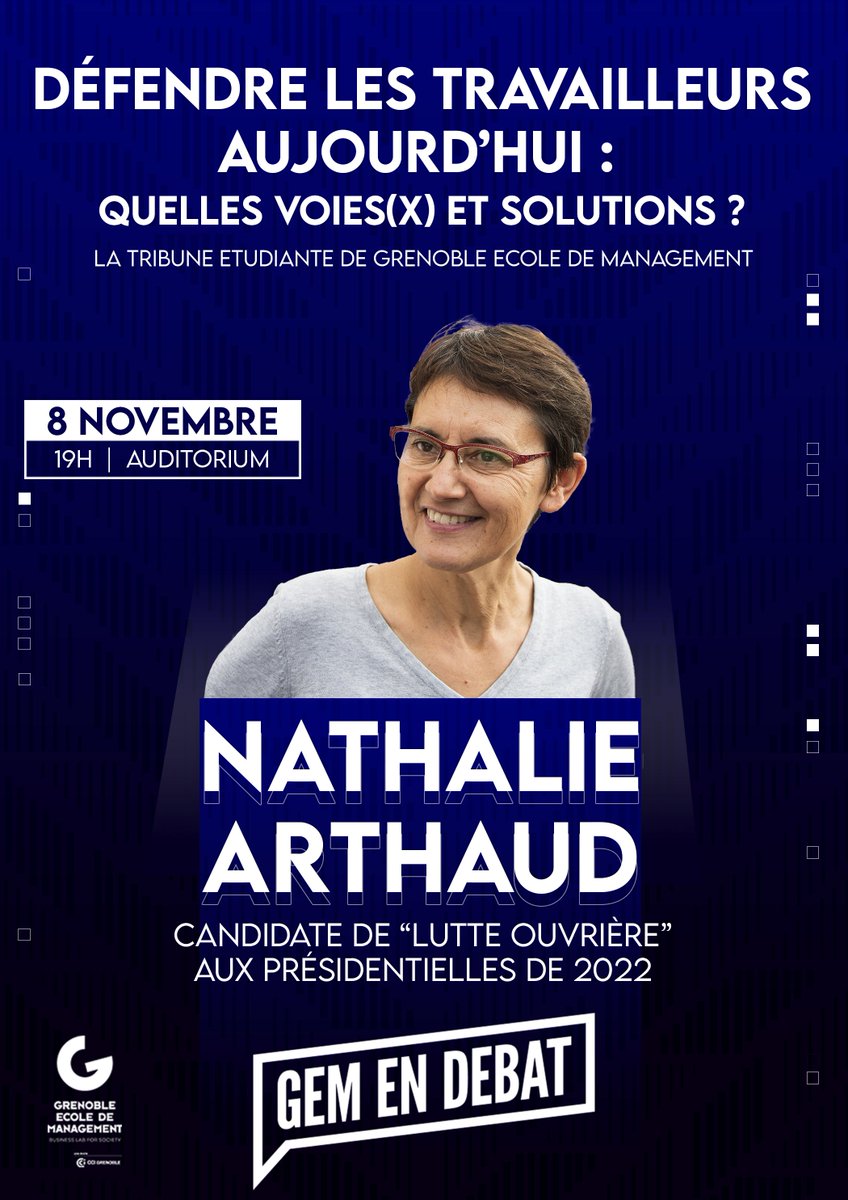 Gem en Débat (@gemendebat) on Twitter photo Reprise des conférences !
"Défendre les travailleurs aujourd'hui : quelles voies(x) et solutions ?"
👤 Nathalie Arthaud, candidate du parti <a href="/LutteOuvriere/">Lutte ouvrière</a> à la #Presidentielle2022 , agrégée d'économie et de gestion
📆 Lundi 8 novembre à 19h Reprise des conférences !
"Défendre les travailleurs aujourd'hui : quelles voies(x) et solutions ?"
👤 Nathalie Arthaud, candidate du parti <a href="/LutteOuvriere/">Lutte ouvrière</a> à la #Presidentielle2022 , agrégée d'économie et de gestion
📆 Lundi 8 novembre à 19h