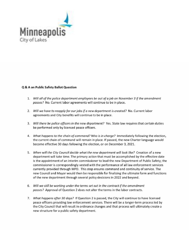 Yes4Minneapolis's tweet photo. The opposition has been working hard to spread straight-up lies about what will happen in the aftermath of Minneapolis residents voting #YesOn2. Here are some facts from the Minneapolis City Coordinator (the Mayor's own appointee!): https://t.co/6fedYnznKz