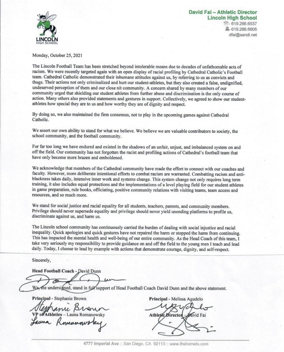Daygofootball's tweet image. Lincoln High School has decided to not participate in this Friday’s game vs Cathedral Catholic , in a letter they explain the reasons behind their Decision .