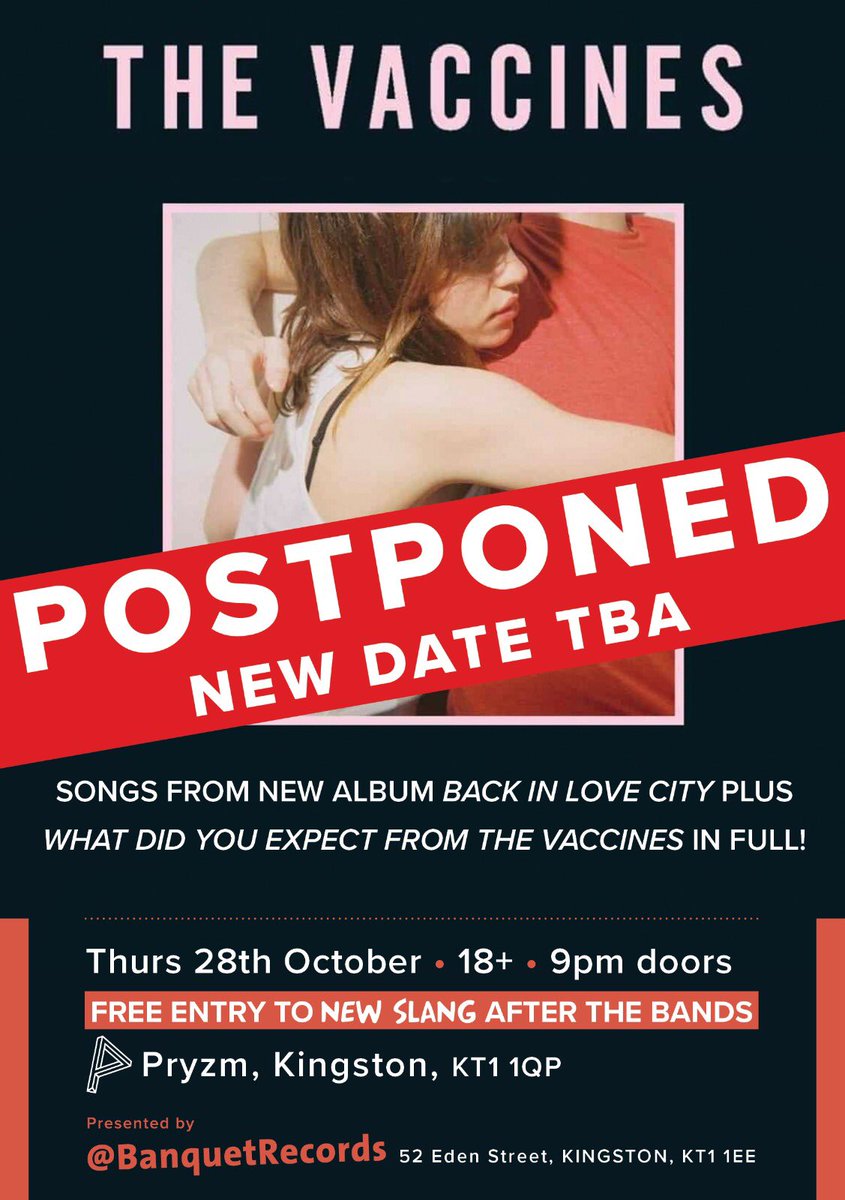 really gutted to say Covid complications have caused a postponement to the Vaccines show for this week. 😭😭😭 we wish everyone a speedy recovery. a new date, likely to be next year, is being worked on now. ticket holders please check your mails