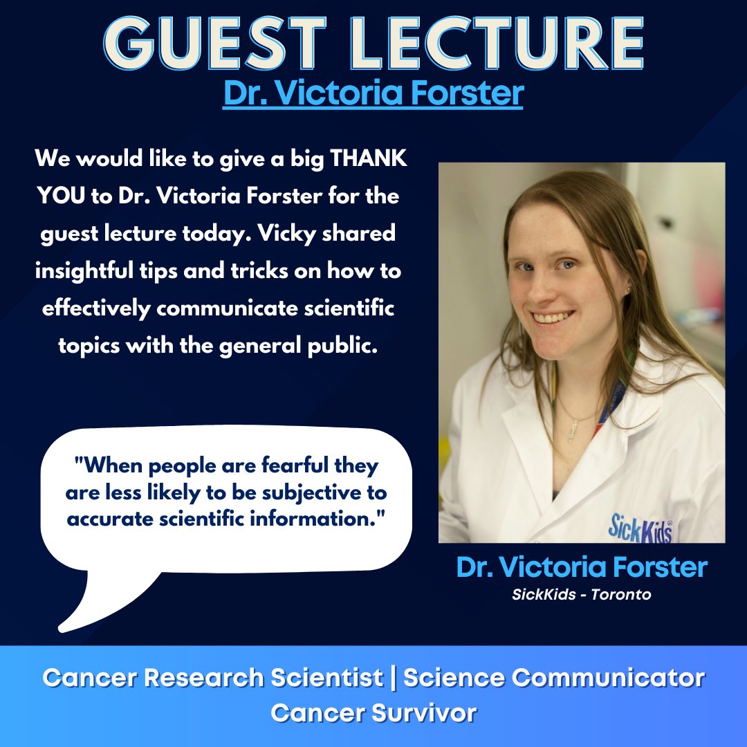 WeSpark_Cures's tweet photo. A huge thank you goes out to Dr. Victoria Forster for our guest lecture today.⁣ She discussed topics surrounding the importance of science communication, as well as the importance of combating misinformation that has already been shared by the general public. ⁣
#wesparkcures https://t.co/0CxMmQg9m8