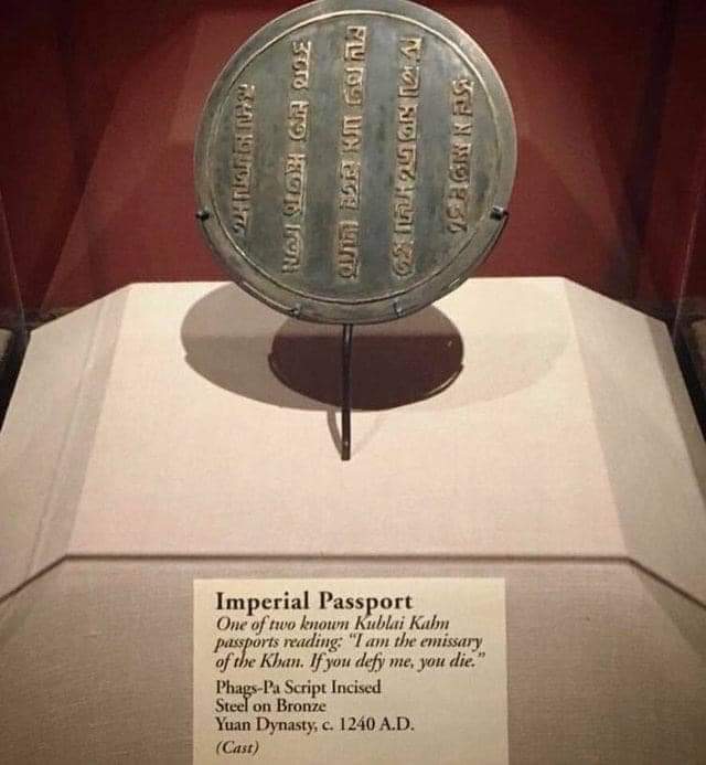 Imperial passport of Kublai Kahn "I am the emmisary of the Kahn. If you defy me, you die." 1240 AD.

#archaeohistories