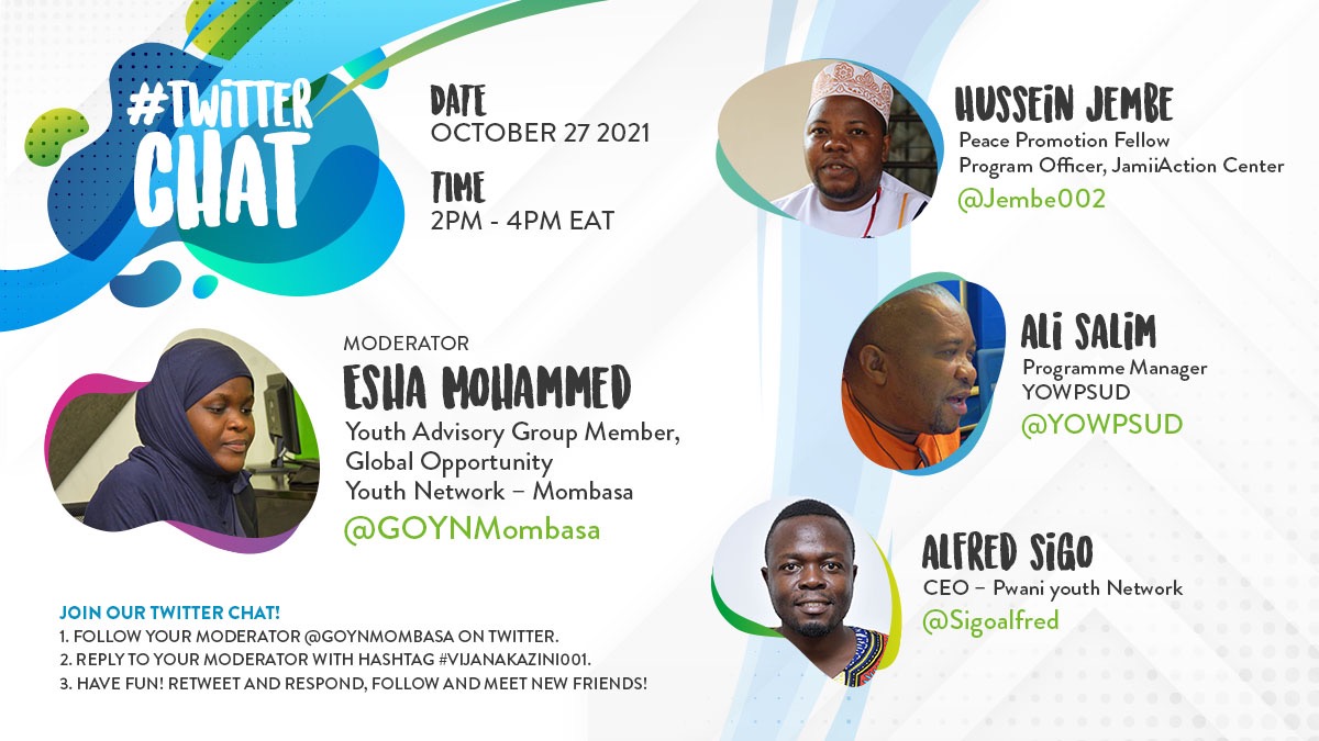 Join us tomorrow from 2pm as we discuss how meaningful youth engagement look like at the @GOYNmombasa page. 
@AspenInstitute
#vijanakazini001
@bimkenya