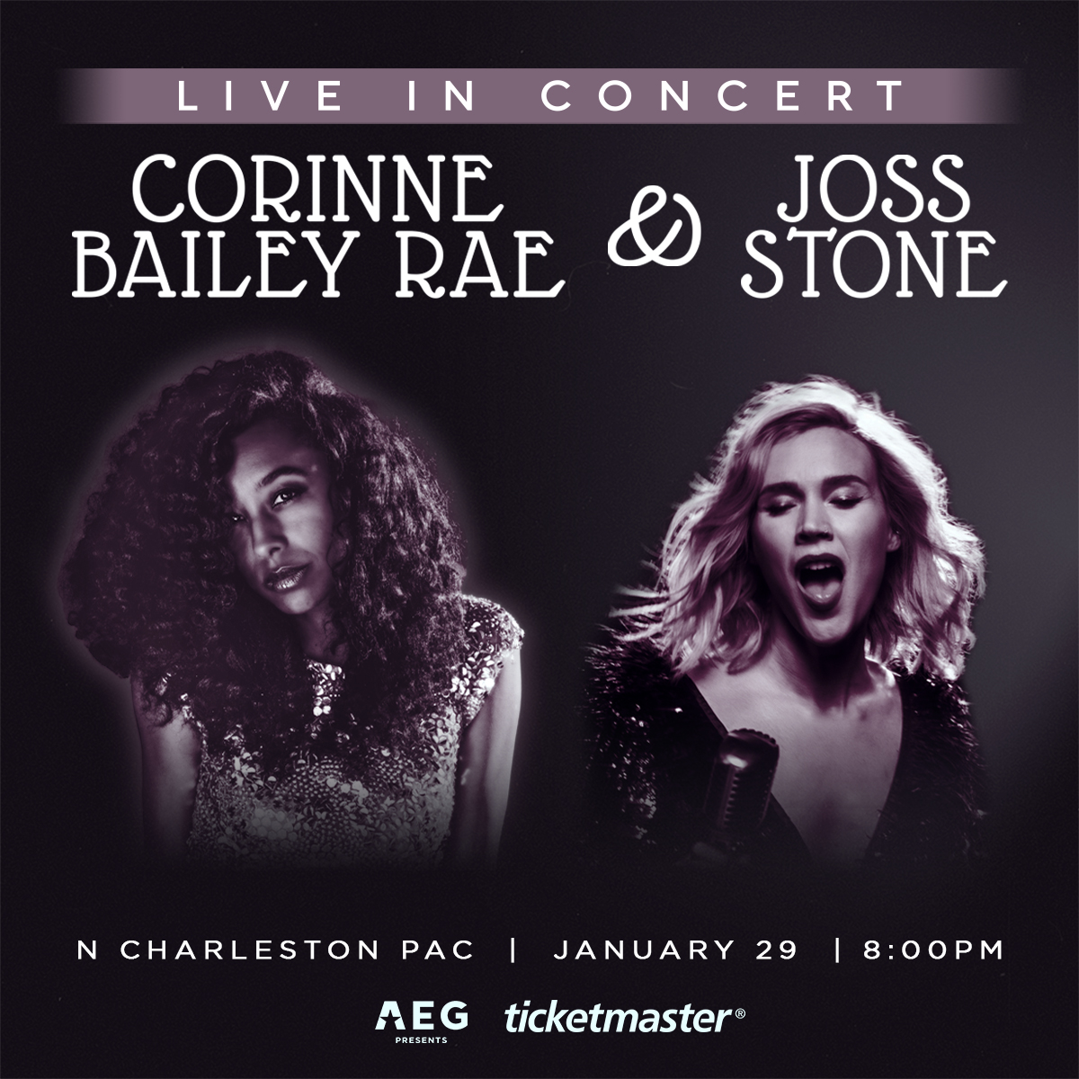 NChasColiseum's tweet photo. JUST ANNOUNCED 🚨 @CorinneBRae &amp; @JossStone LIVE in Concert is coming to the North Charleston Performing Arts Center on Saturday, January 29. Tickets on sale this Friday, October 29 at 10AM 🎙 #NChasPAC https://t.co/ssjsqnr90b