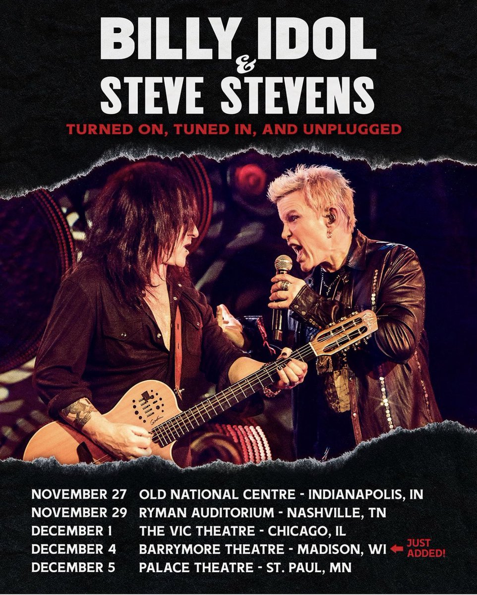 Stevestevens's tweet photo. Another IDOL/STEVENS “Turned On, Tuned In, and Unplugged” show date added! Dec 4 in Madison, WI - Presale for this show begins tomorrow. Visit https://t.co/vOFxFZ7FK0 for ticket and VIP Meet &amp; Greet package links. https://t.co/2hDk42UKK5