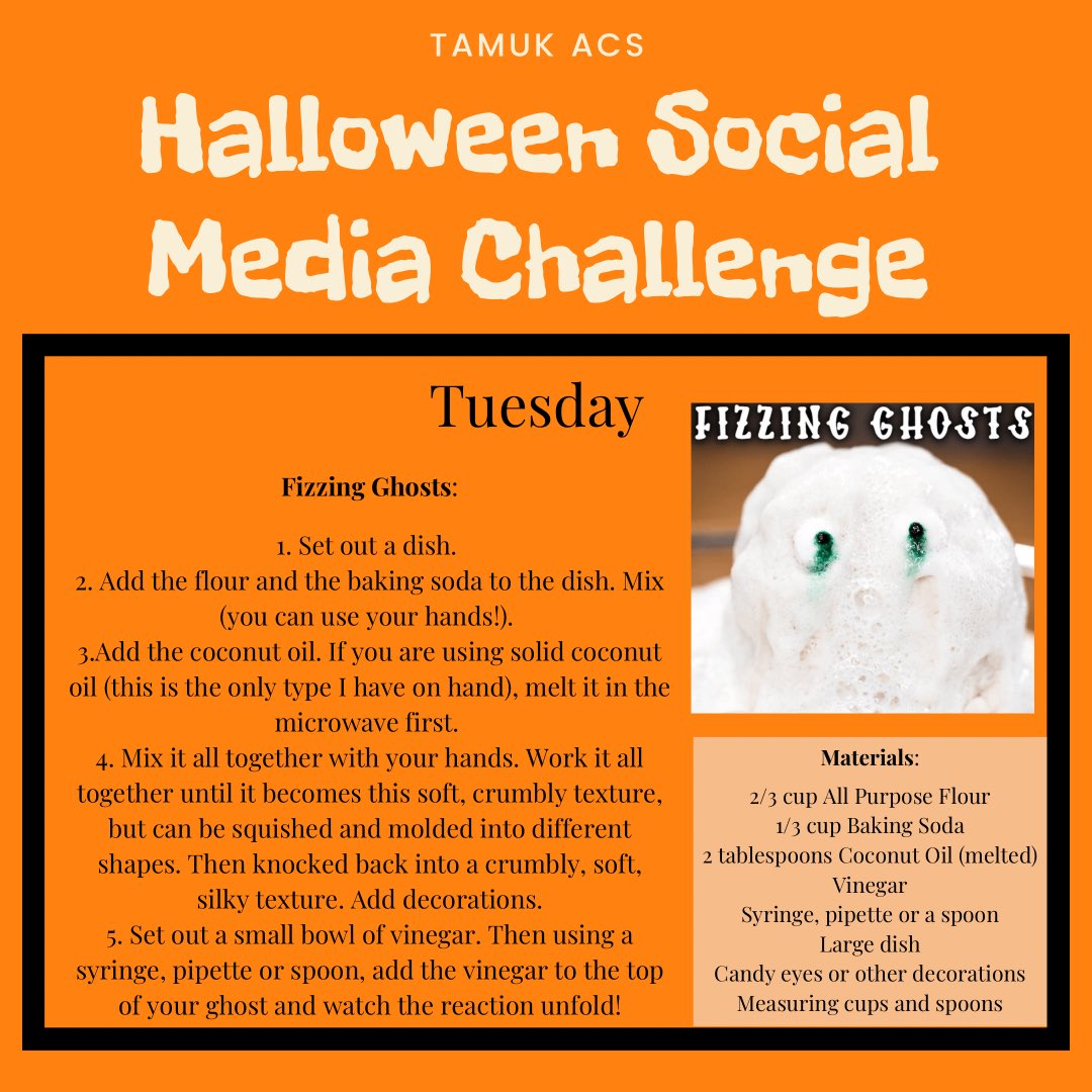 tamukacs's tweet photo. 𝐅𝐈𝐙𝐙𝐈𝐍𝐆 𝐆𝐇𝐎𝐒𝐓𝐒:

Tuesday 𝕆𝕔𝕥 𝟚𝟞𝕥𝕙 Challenge 

Want a chance to win an ACS Spooky basket??? Try out the FIZZING GHOSTS challenge!

#ACS #ACSTAMUK #tamukacshalloween2021 @JavelinaNation https://t.co/3BA6MLBNpR