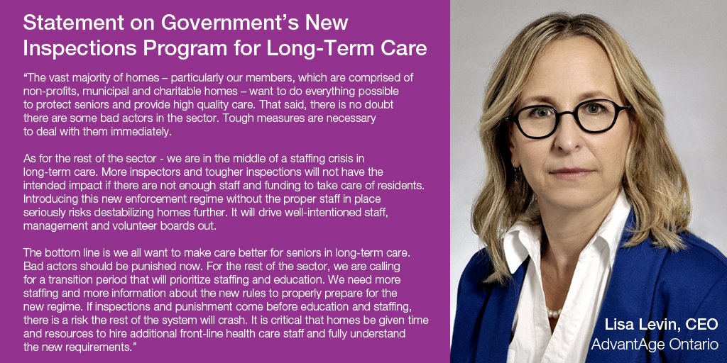 AdvantAgeOnt's tweet photo. Earlier this morning, Minister @RodPhillips01 announced a new and improved inspections program for #longtermcare. Here is CEO @LisaLevin1 reaction to the announcement:
#onpoli #Ontario #thedifferencematters https://t.co/vvs9rRXlyE
