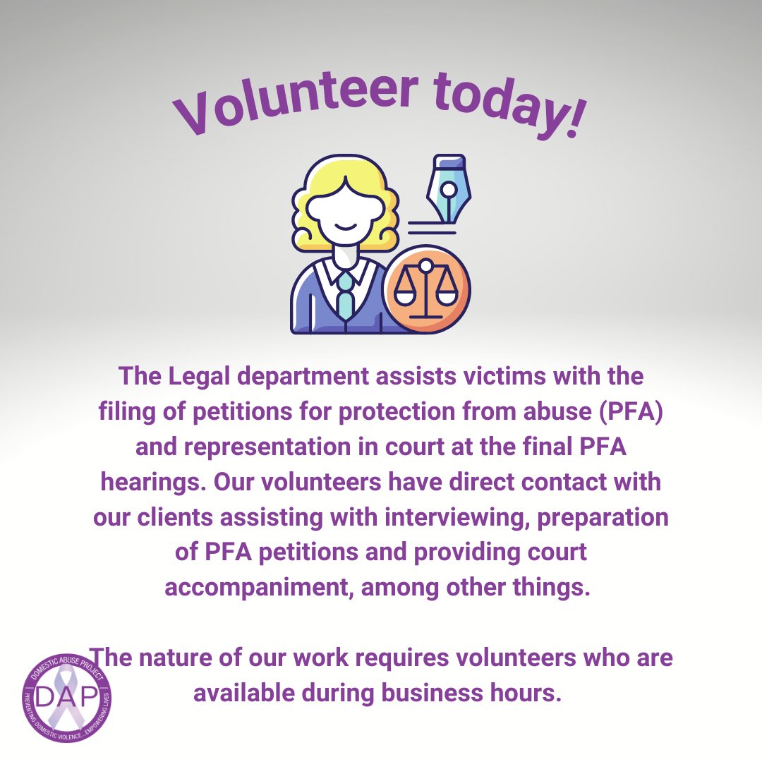 The legal department is looking for volunteers to help out during business hours! If you're interested, please use the link below.

dapdc.org/take-action/vo…
