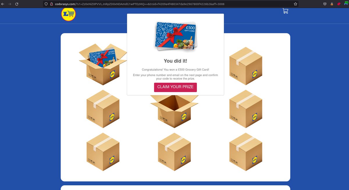 HSAFTeam's tweet photo. Hello @heficed 
We detected and reported you a fraudulent website using against Lidl entity.

http://codorasys[.]com/?s1=Zz0xNiZ0PVVLJnRpZD0xNDAmdG1wPTEzMQ%3D%3D&amp;trsid=ff84140fd9a345fe8bde689e356f00a7&amp;aff=3008

Please disable this as soon as possible.
Regards https://t.co/NeDgna8FvO