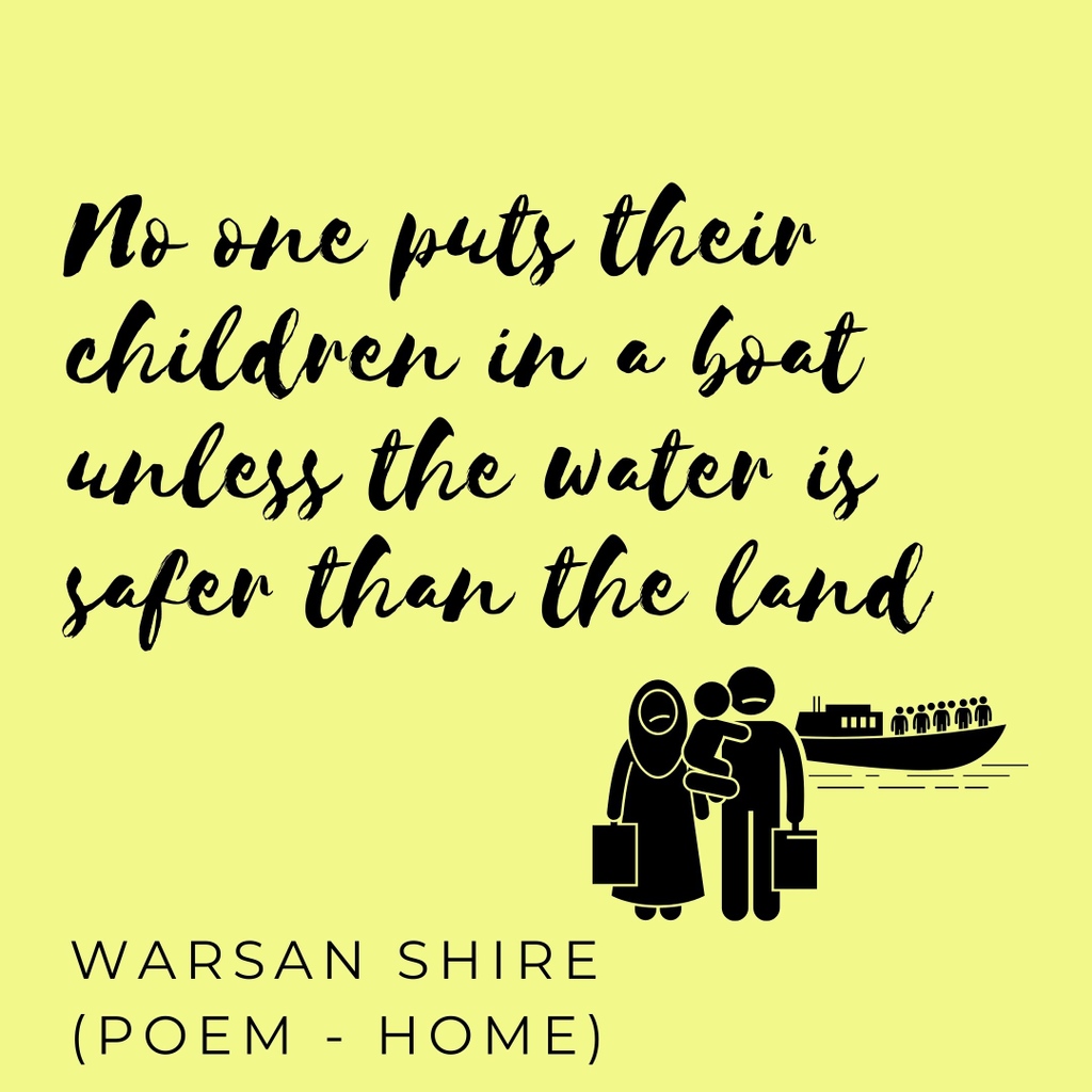 Footstepsotw's tweet photo. Can you imagine feeling that desperate? 
Such a sad yet perfect poetic expression in this quote. Poems, films, art, music, story telling are way we can inspire empathy and compassion. #refugees #unhcr https://t.co/mJfKBc2Lzc