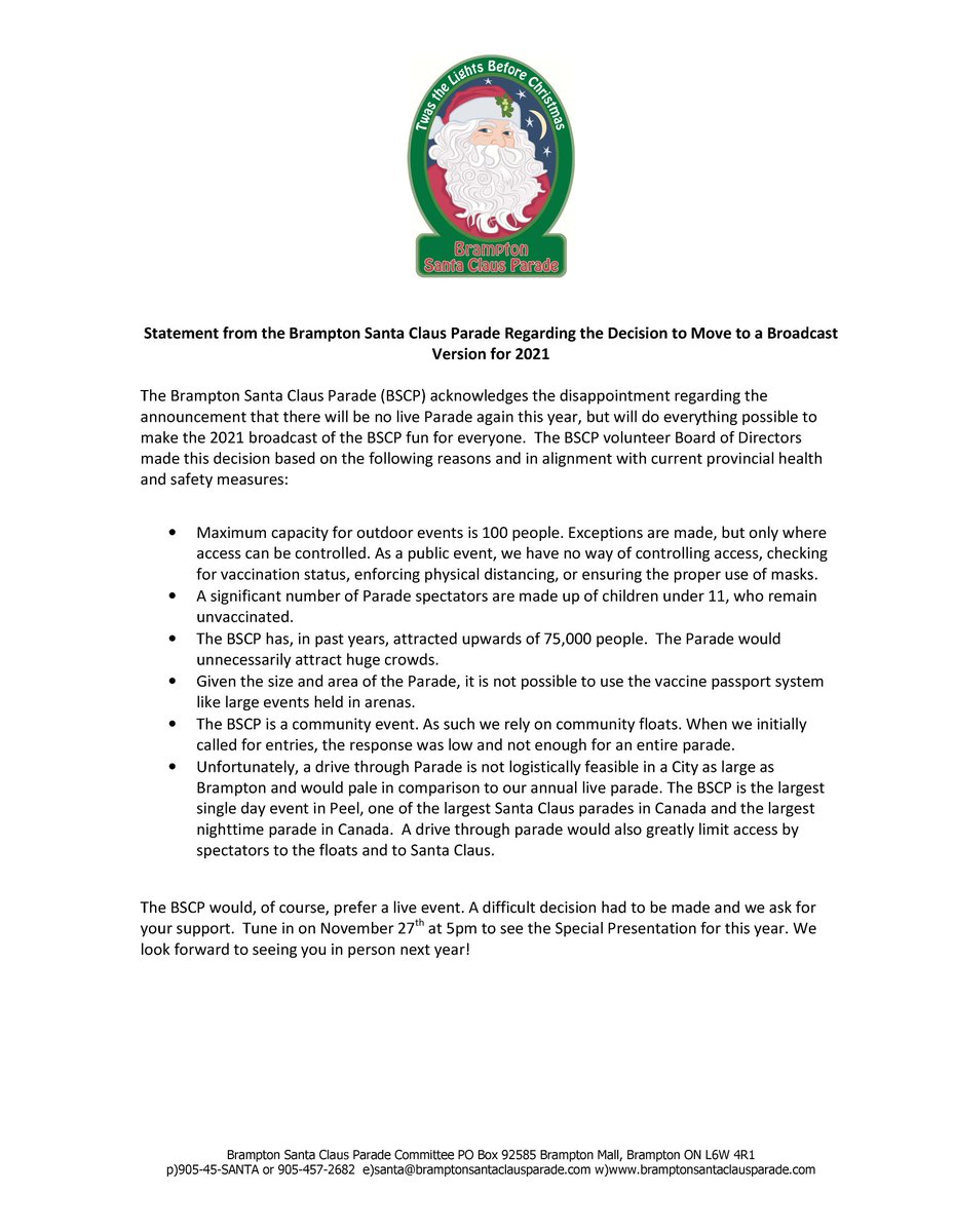 Please View our Statement regarding the decision to move to a broadcast version for 2021.
BramptonSantaClausParade.com/statement