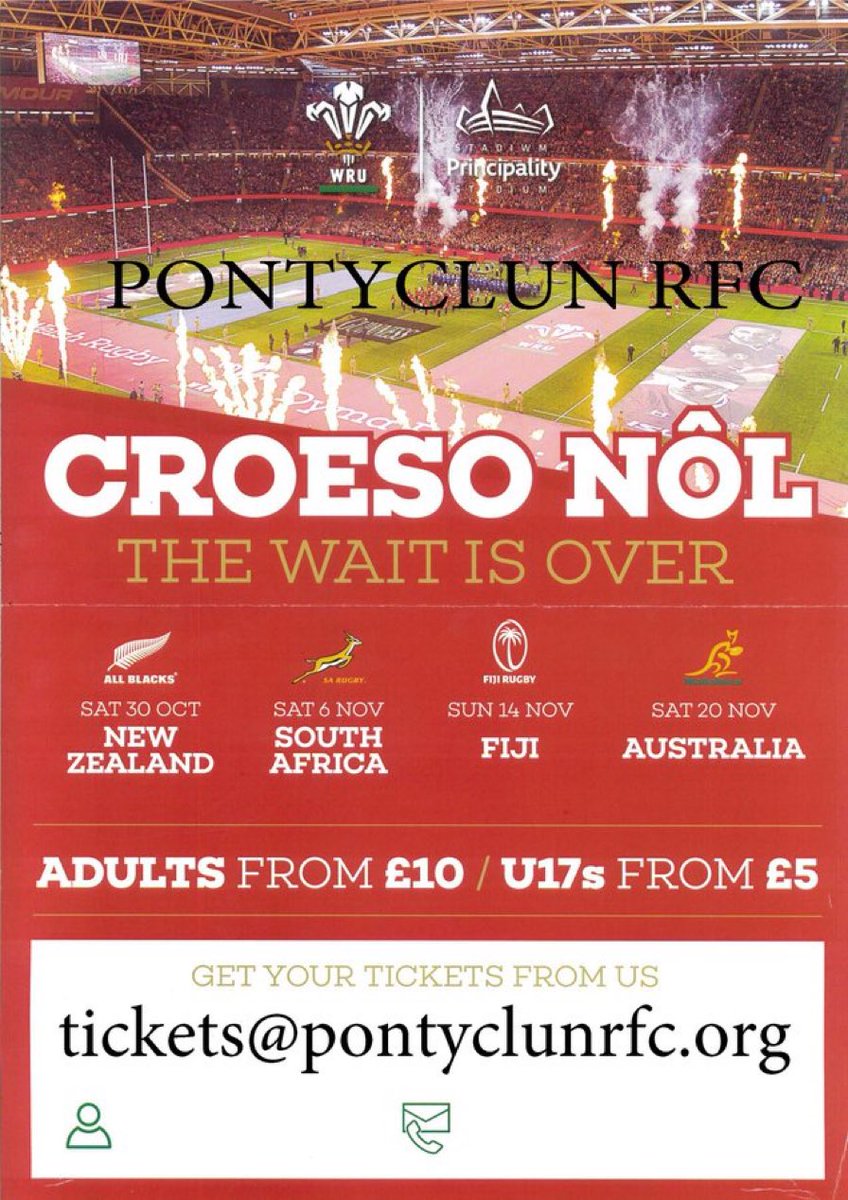 PontyclunRFC's tweet photo. The club still has tickets remaining for New Zealand, Australia and South Africa.
Contact tickets@pontyclunrfc.org https://t.co/fuWEwX0ssi