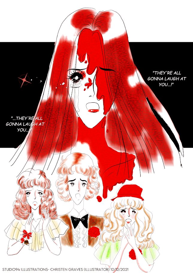 If 'Carrie' was a 70s manga... 
#halloween2021 #carrie #StephenKing #Fanart #anime #MediBangPaint #blood #70sanimestyle