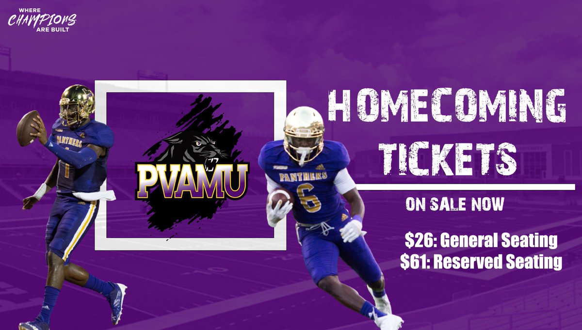 PVAMUPanthers's tweet photo. 🚨 ATTENTION 🚨
Have you gotten your homecoming tickets? 👀 
It’s not too late to set your Homecoming out on the Hill 😎 The Panthers host Alabama State November 6 for homecoming. Come PACK THE HOUSE as the Panthers are undefeated in the SWAC 😈

#wherechampionsarebuilt https://t.co/RH0KSC85KF