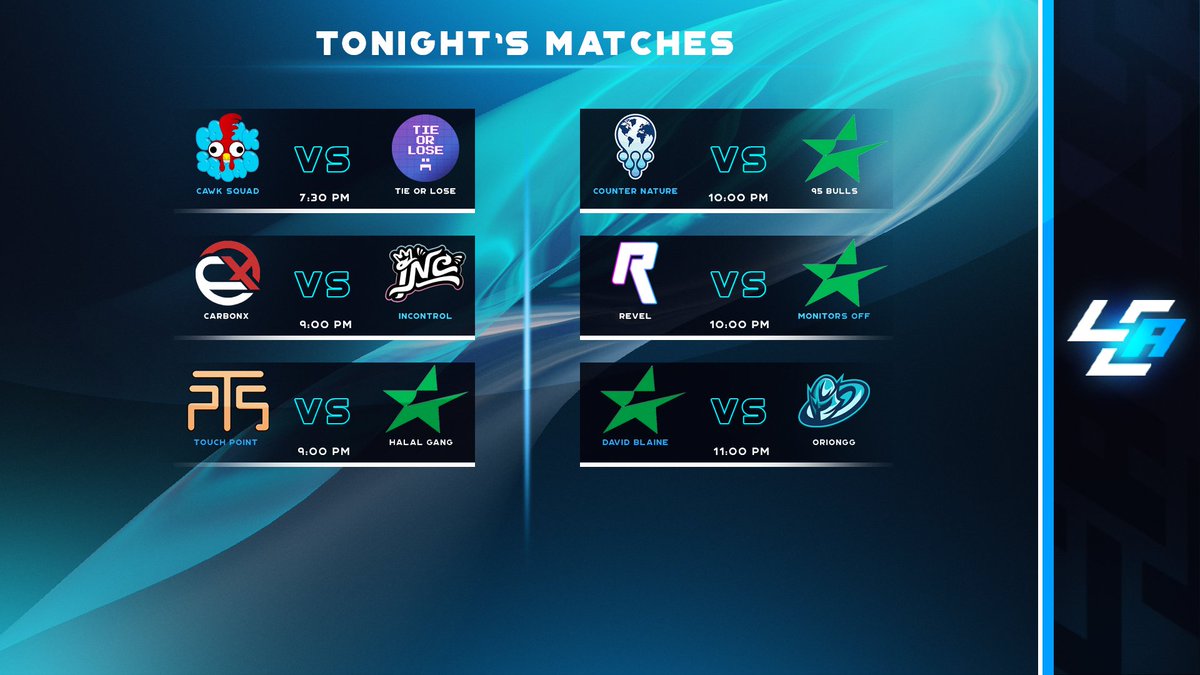 LCABroadcasting's tweet photo. Tonight's matches covered by LCA! 🚨

⚔️ @CounterNature vs #95Bulls
🎙️ @ynoTFPS 
📺 https://t.co/HeLVkGXhE4

⚔️ @Revel_LL vs #MonitorsOff
🎙️ @xner20 
📺 https://t.co/uuWjUOjuXZ

⚔️ #DavidBlaine vs @OrionGG 
🎙️ @pocke7watch 
📺 https://t.co/GKFKc07aL9

2/2 https://t.co/LuXhSnNNh0