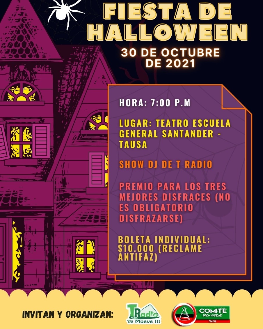 #EventoConTRadio 📻

GRAN FIESTA DE HALLOWEEN PRO FONDOS ALUMBRADO NAVIDEÑO EN #TAUSA

Te esperamos en la gran rumba de Halloween este sábado 30 de Octubre desde las 7:00 pm en el teatro de la Escuela General Santander en Tausa con el show dj de T Radio 102.4 FM.