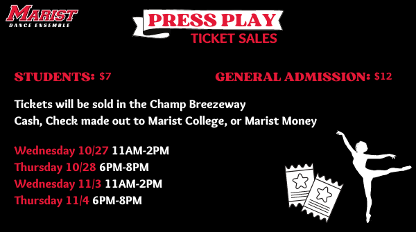 MaristDance's tweet photo. Ticket Sale Time!
Reserve your tickets to MCDE’s fall showcase, Press Play, in the Champ Breezeway ASAP ✰
Almost show time! ✰ https://t.co/KWuovpFr8b