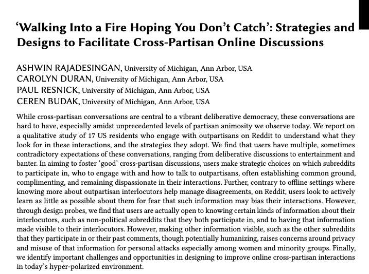 R_Ashwin's tweet image. Delighted to share our #CSCW2021 paper on how users engage in cross-partisan interactions on Reddit. If you want to hear more msg me or join the Civic Engagement, Politics, and Polarization panel tomorrow  (27th Oct) at 10am ET. Paper bit.ly/2Zq5Zaj. Key findings: