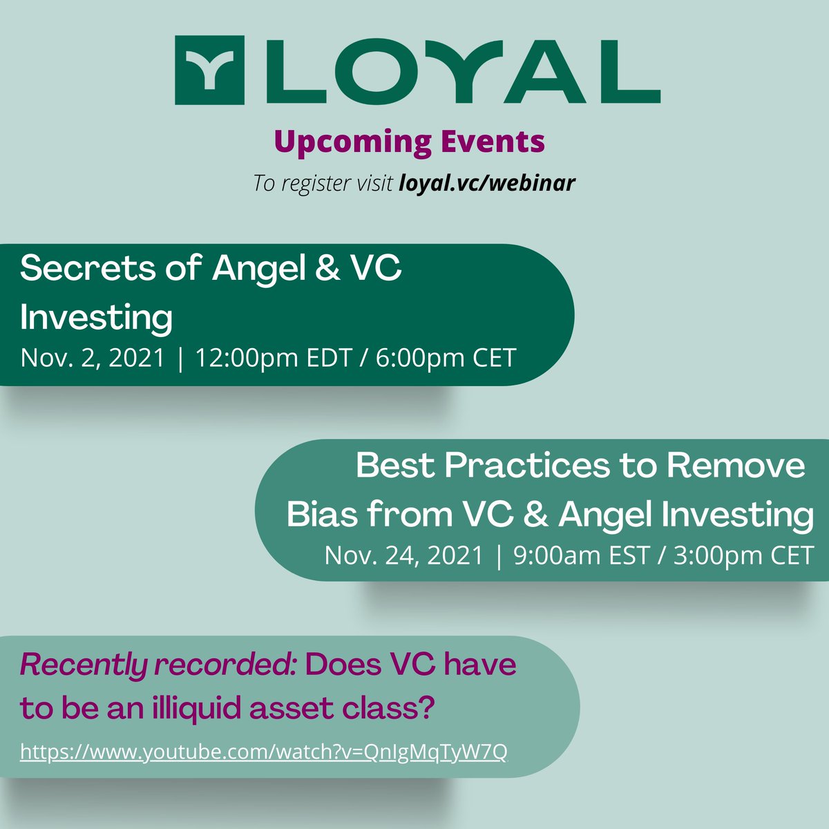 LoyalVc's tweet photo. Join one of our upcoming events! Register here: https://t.co/aEOIFd49lC, or watch a past event here: https://t.co/uAUaNOYB2a
#venturecapital #vc #angelinvesting #fund #investing #startups #business #business #removebias #gendergap #womeninfinance https://t.co/PYGlYPMKN3