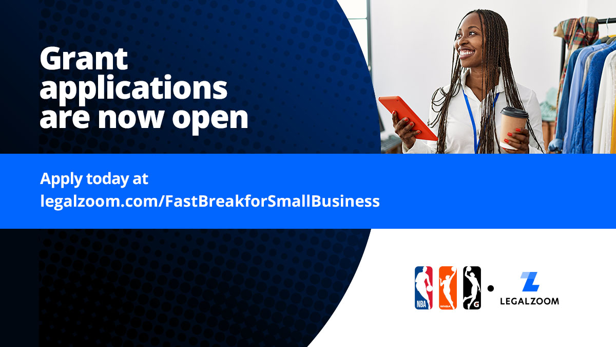 WNBA's tweet image. Apply today for $10,000 small business grants from our partner @LegalZoom to make your dreams a reality. legalzoom.com/fastbreakforsm… #FastBreak4SmallBiz