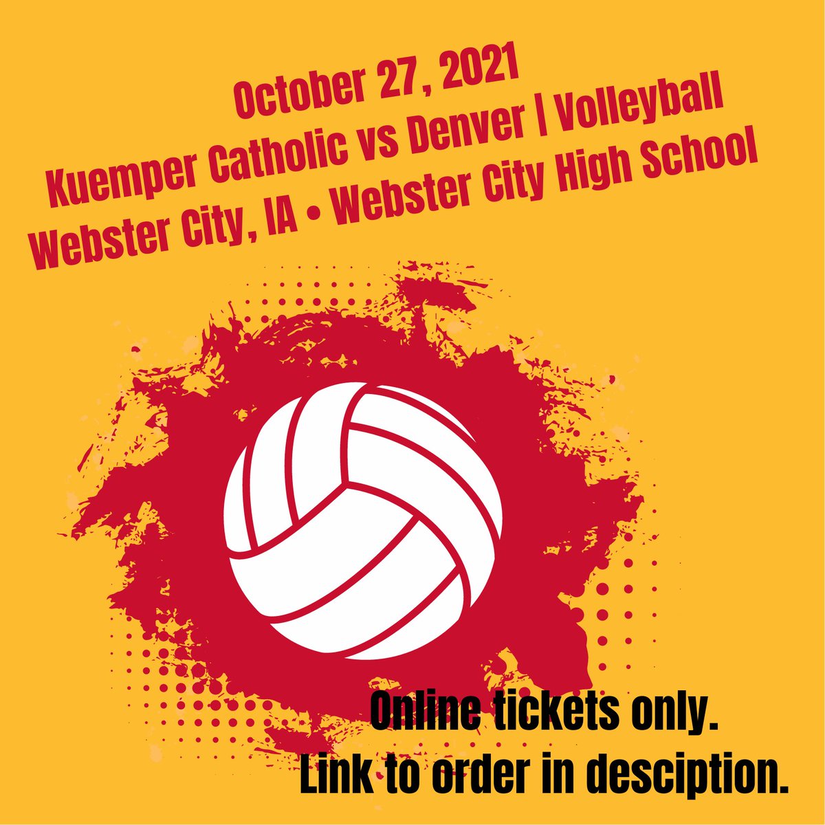 Hey everyone!  If you're going to go to tomorrow's volleyball match, be sure to purchase your tickets online at this link ----&gt;&gt;
ia.varsitybound.com/.../h202110260…

Kuemper Catholic vs Denver
Webster City, IA • Webster City High School
LET'S GO KNIGHTS!