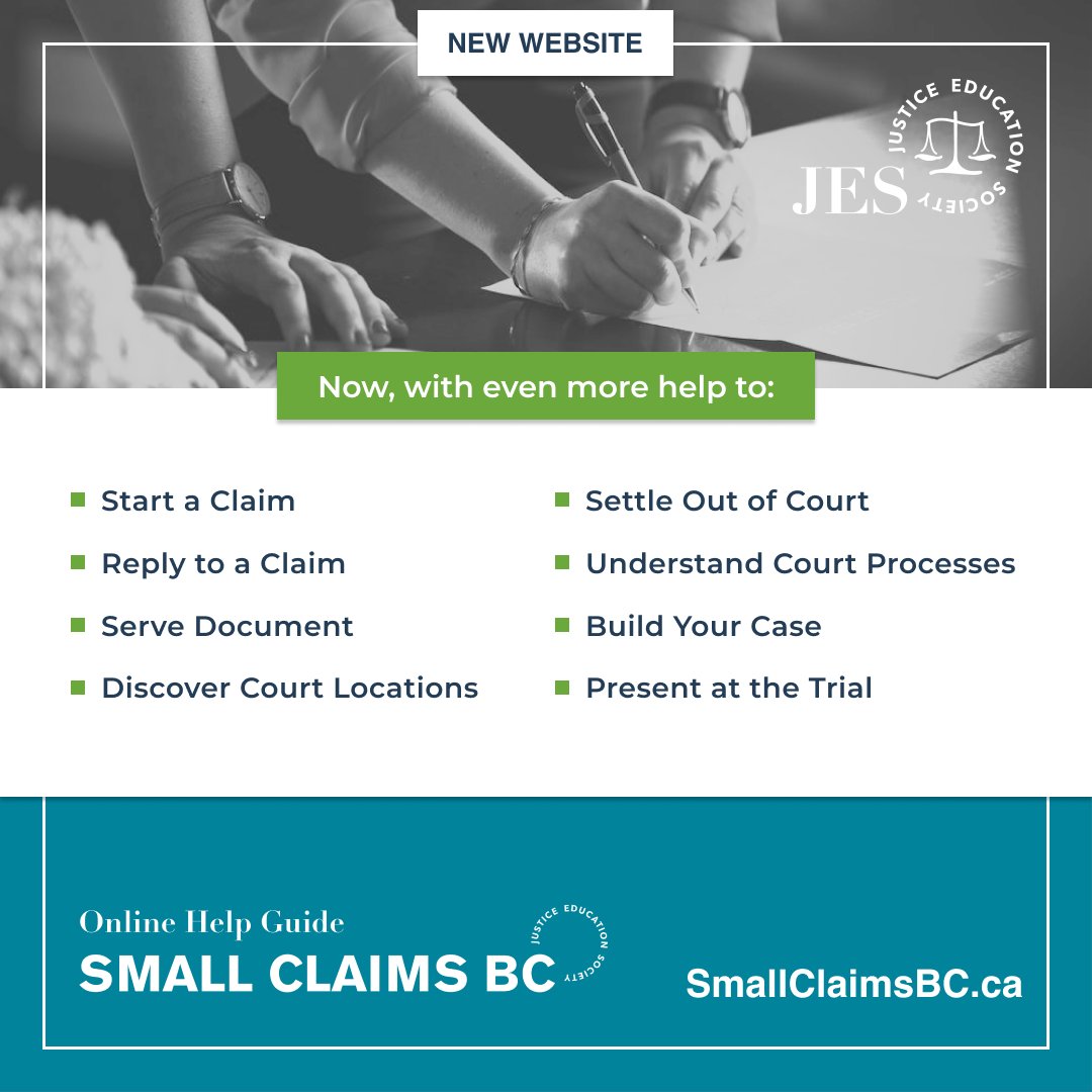 JusticeEd's tweet photo. Looking for free legal help on how to sue someone in BC? You can find the tools and resources to do-it-yourself here: https://t.co/GZwrqZ6tUV

Now, with even more #A2J help to:
✅ Start a Claim
✅ Understand Court Processes
✅ Build Your Case
✅ Discover #BCCourt Locations https://t.co/82sOVOkvpP