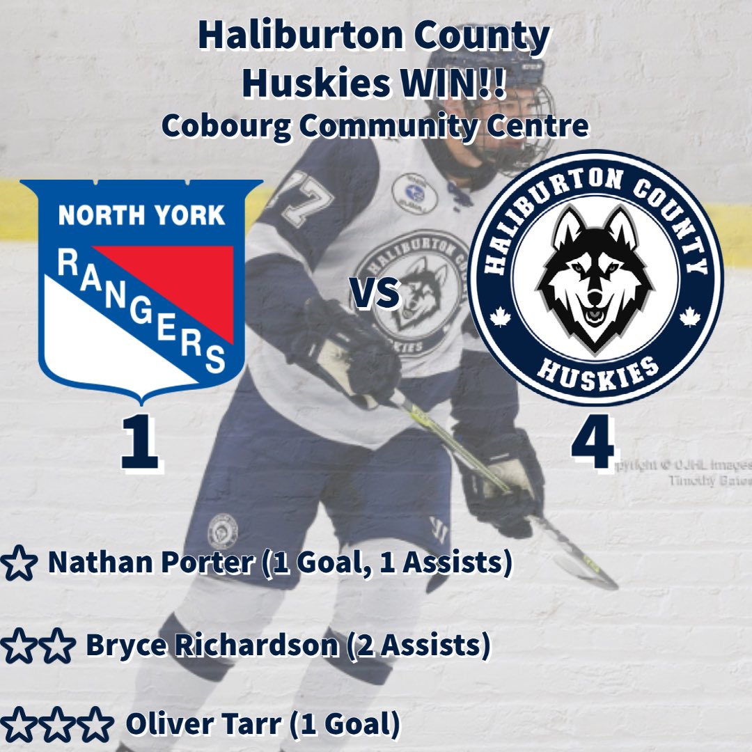 🚨HUSKIES POST GAME🚨

THE HALIBURTON COUNTY HUSKIES WIN!!

Final was 4-1 in the first day of the showcase.

Next game: Day 2 of the showcase tomorrow vs the Toronto Patriots

Goals: Porter (1), Stevenson(4), Tarr (12), Solarino(3)

#haliburton #ojhl
