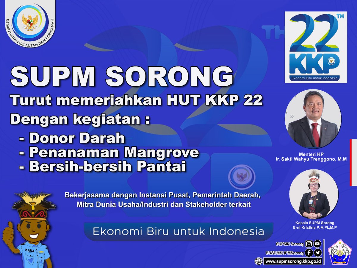 BRSDMSUPMSorong's tweet photo. SUPM Sorong mengucapkan selamat #HUTKKP22 "Ekonomi Biru untuk Indonesia".. Semarak HUT KKP di turut dimeriahkan oleh SUPM Sorong dgn kegiatan menarik dan bermanfaat diantaranya : Donor darah, penanam pohon, bersih2 dan lomba seru.. 
@Erni_Kristina
@bsuprakto  @brsdm_kp @kkpgoid https://t.co/UHIacRHX9b