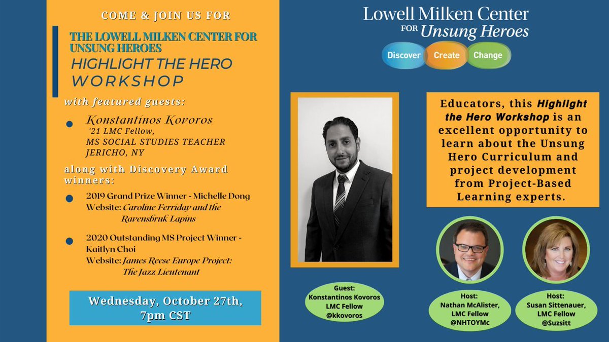 Join us tomorrow, (7pm CST/8pm EST/5pm PST) for the <a href="/LowellMilkenCtr/">Lowell Milken Center</a> Highlight the Hero workshop. We are excited to host <a href="/kkovoros/">Konstantine Kovoros</a> and his students and learn about the incredible lives of Caroline Ferriday and James Reese Europe. us02web.zoom.us/j/86102828813...
