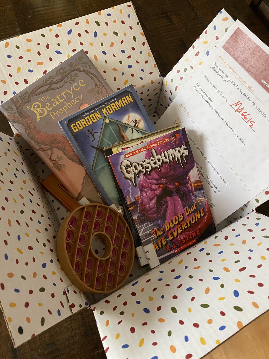 DoorPaper's tweet image. Much Love to ⁦@ilovemyanythink⁩ for the monthly subscription box, which comes free every month with books, toys, and a handwritten note for a very excited 8-year-old. Seriously, seems too good to be true. #libraries #books #frontrange #reading