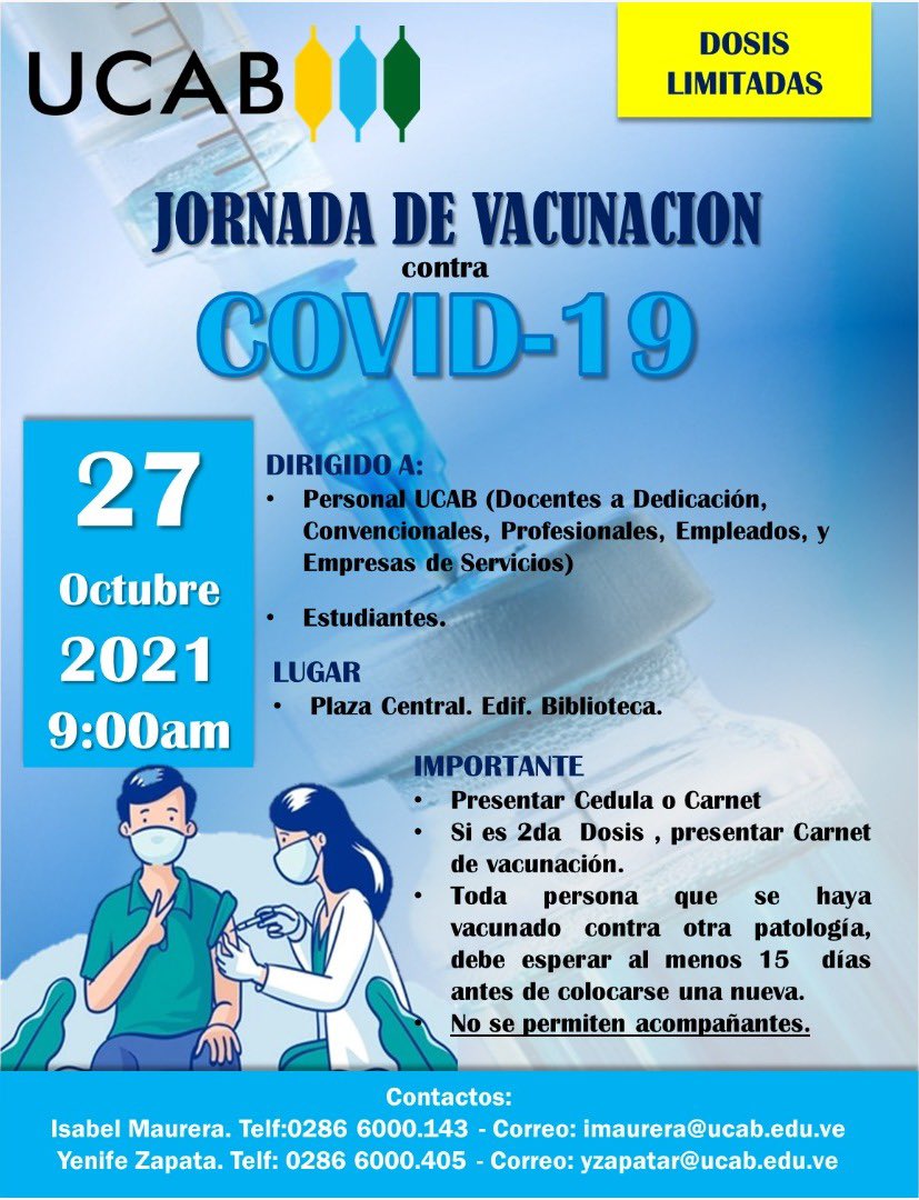 CExtensionUcabG's tweet photo. Jornada de Vacunación UCAB - Guayana 🔰

📍Vacuna: Sinopharm. 

📍Presentar Cédula de Identidad o Carnet Institucional.

📍Si es segunda dosis, presentar tarjeta de vacunación.

📍No acudir con acompañantes.

📍Dirigido a miembros de la comunidad UCABISTA. https://t.co/GWZeAFbnjO