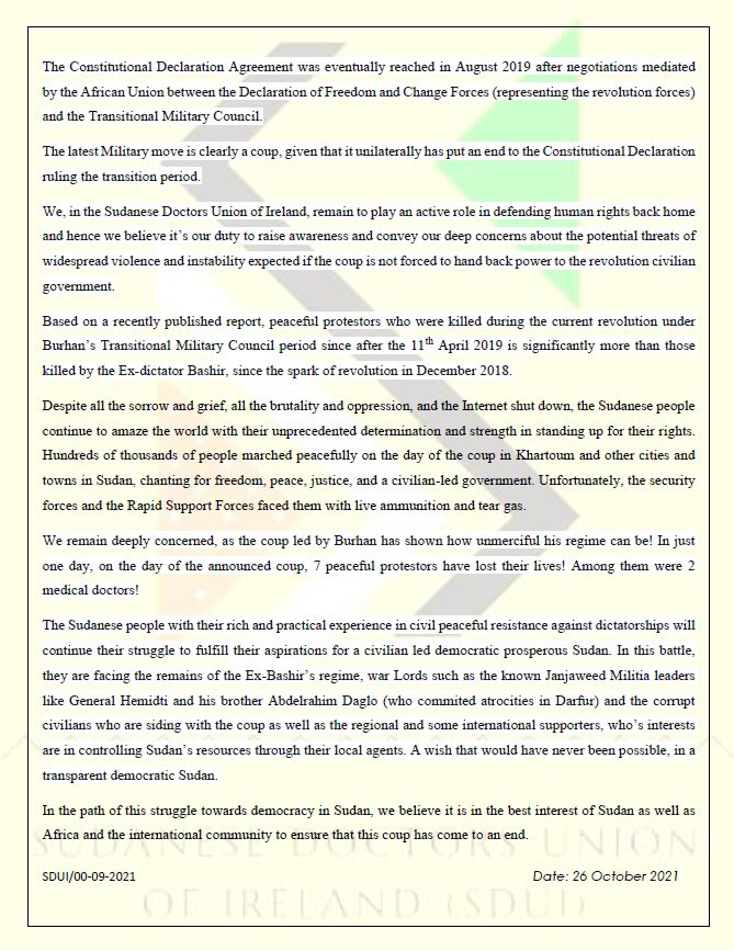 AnnualSdui's tweet photo. SDUI letter to Ireland’s Minister for Foreign Affairs in relation to today’s UN Security Council meeting to discuss the Military coup in Sudan.
@irishmissionun @simoncoveney @dfatirl @aliceeire @SudanPMHamdok https://t.co/0F7IEYQ5JQ
