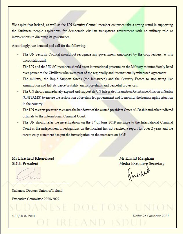 AnnualSdui's tweet photo. SDUI letter to Ireland’s Minister for Foreign Affairs in relation to today’s UN Security Council meeting to discuss the Military coup in Sudan.
@irishmissionun @simoncoveney @dfatirl @aliceeire @SudanPMHamdok https://t.co/0F7IEYQ5JQ