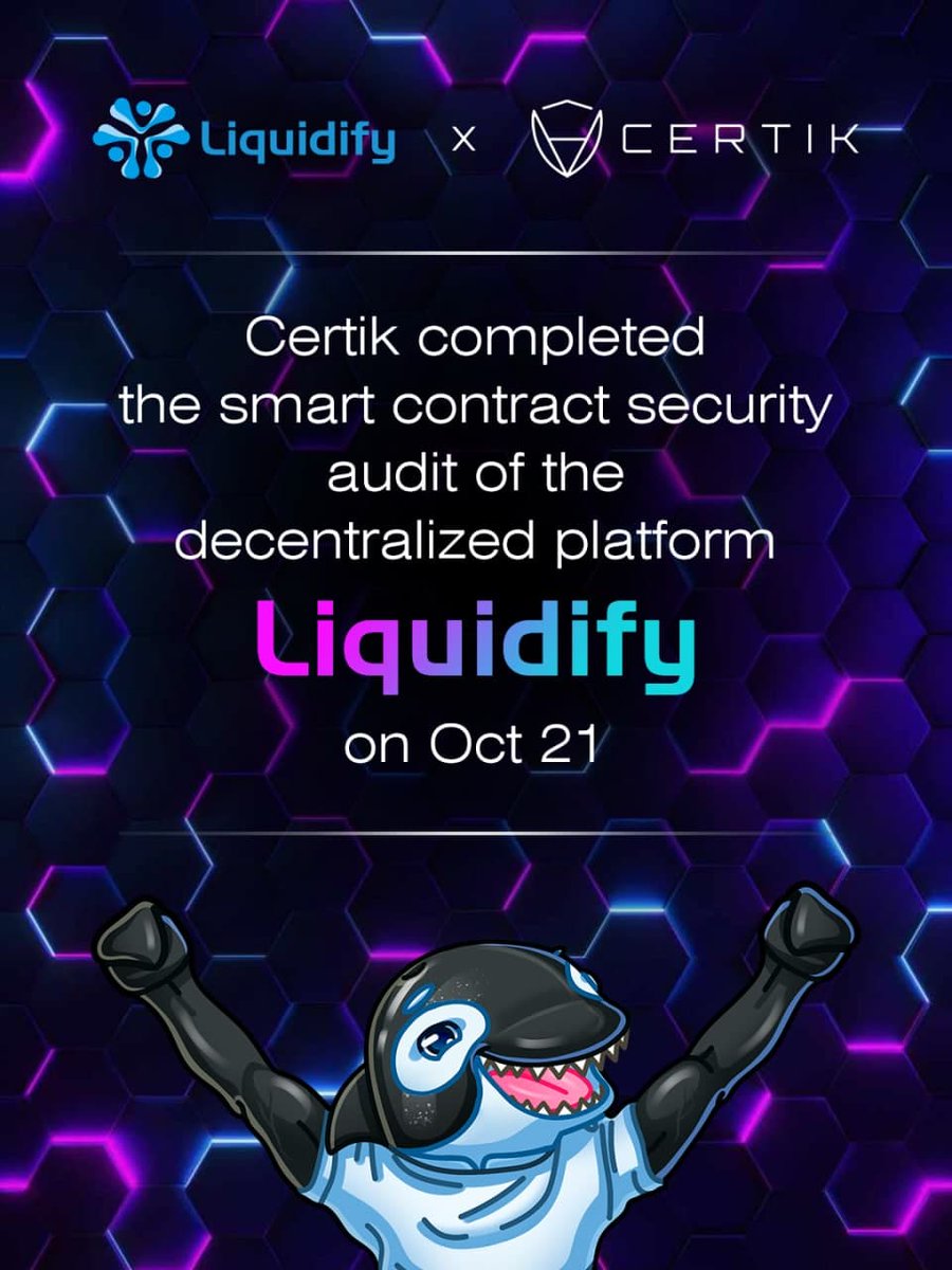 Liquidifyio's tweet photo. 🥳 WE ARE AUDITED BY CERTIK! 🥳 
 https://t.co/9SPgnYbxWx

🦎 Now we can finally increase our visibility in the crypto space and it's time for listings on Coin Gecko and so on. 

2️⃣❎ Double your chances - use Liquidify!

#CERTIK #Audit #LiquidityPools #liquidify #LAT https://t.co/fn505BsEMQ