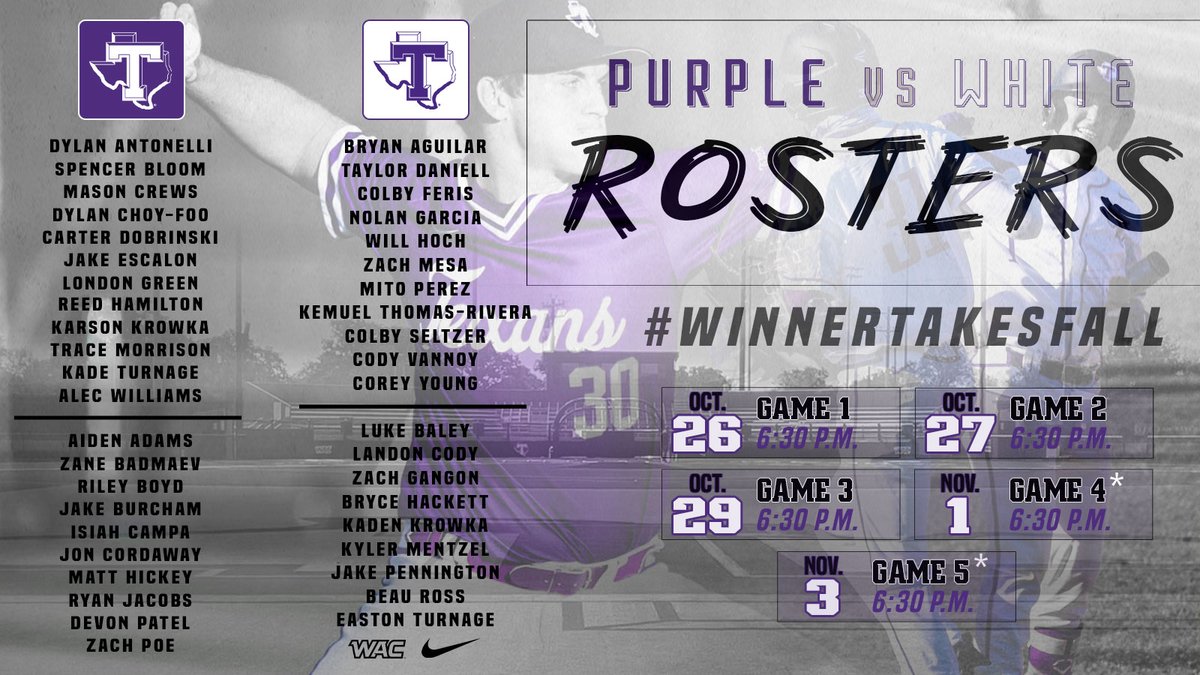 TarletonBase's tweet photo. Rosters are in 😈

🟣 vs. ⚪

Nothin' but bragging rights for the winter on the line ‼

See y'all at the yard ⚾️

#TexanNation x #BleedPurple https://t.co/nuqNyT18S7