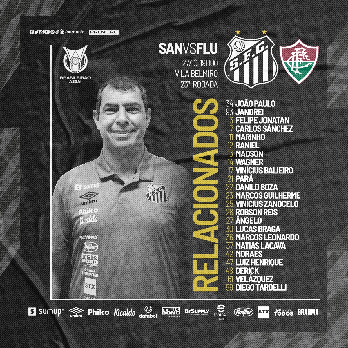 Confira a lista dos jogadores relacionados do Peixe para este duelo diante do Flu. Fonte: Santos FC/Twitter