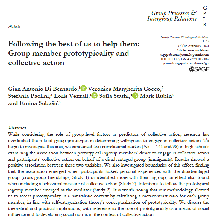 RubinPsyc's tweet photo. In our new research in GPIR, we find that “the more participants believed the ingroup prototype desired to engage in collective action, the more participants also intended to do so (both studies) or actually engaged in collective action (Study 2).”

https://t.co/8YrssIbIPm https://t.co/Rn0FxaBMrt