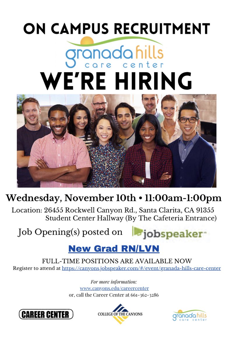 COCEmp_Center's tweet image. On November 10th from 11am to 1pm Granada Hills Care Center is having an hiring event on campus at the Student Center Hallway.