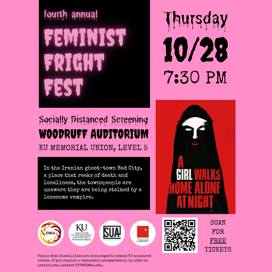 KUETCWGE's tweet photo. ☔ Due to forecasted rain, @KU_OMA, @suaevents, @lawrencelibrary, &amp; ETCWGE are moving our Drive-In indoors. Details below!

🎃 Thurs 10/28, 7:30 pm
🎥 A Girl Walks Home Alone at Night
📍 Woodruff Auditorium, KS Union, L5
🍿 FREE snack packs for first 100 people!
😷 Masks required https://t.co/TJkoOGws50