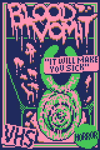 BeelzebubLives's tweet photo. Here's all four VHS covers for Blood Vomit, my direct-to-video gorefest anthology. Done for #Pixelween2021 https://t.co/CMdyaUHymG