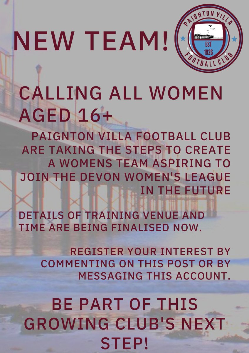 Bushell17J's tweet image. Are you based in South Devon?
Are you aged 16+?
Paignton Villa Football Club are starting a women's team with the aim of competing in the Devon Womens Football League in the future.
Get in contact if you're interested 👍🏻 💜💙
#womensfootball #devon #southdevon #football
